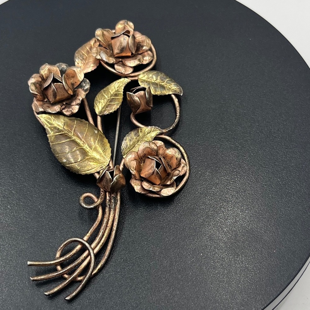 Sterling Silver Two Tone Vintage Large Rose Bloom‎ Flower Spray Pin Brooch 22g